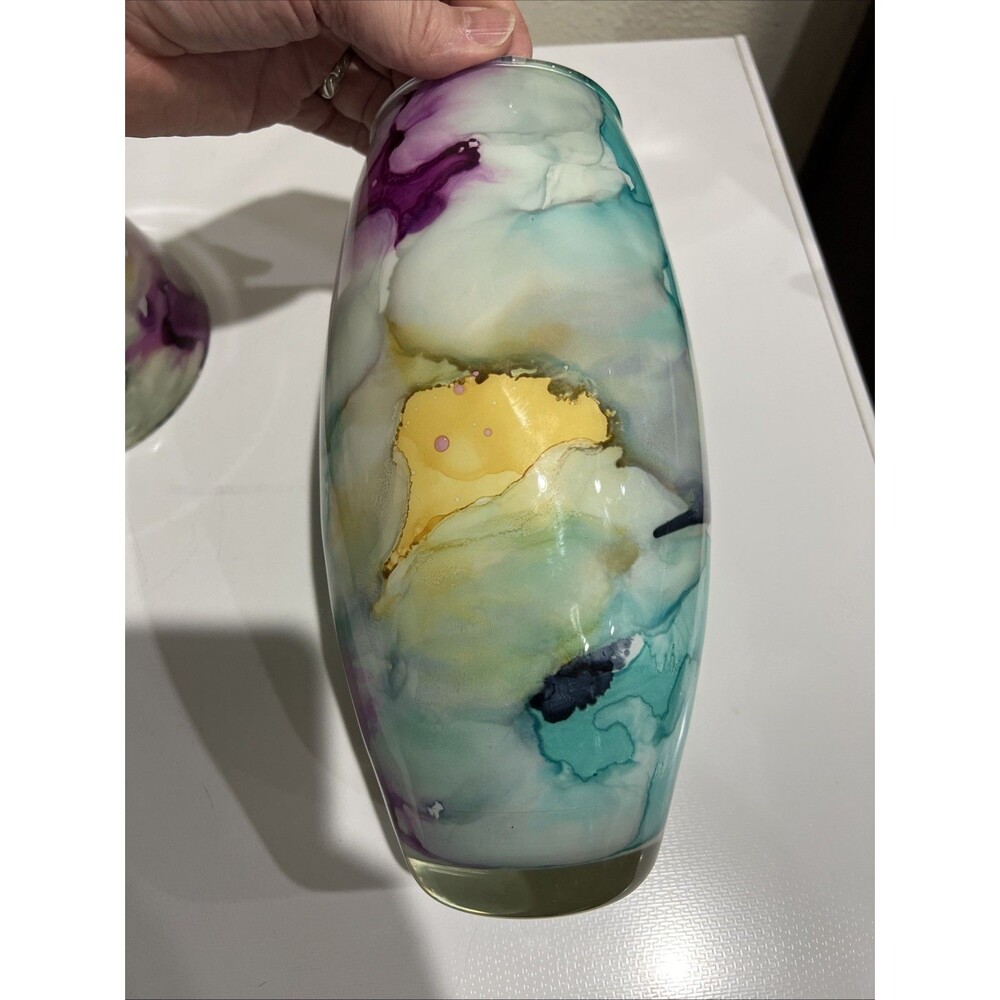 Swirl Vase Reverse Painted Watercolor Art Glass Italy Lot Of 2 Blue Purple Etc - Picture 9 of 13
